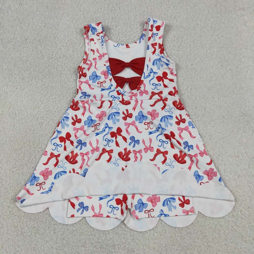 GSD3809   RTS red blue bows girl  summer YOGA dress