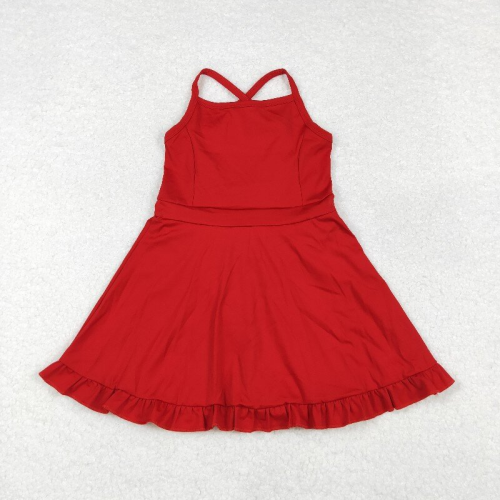 S0453 RTS red solid  girl  summer athletic yoga dress