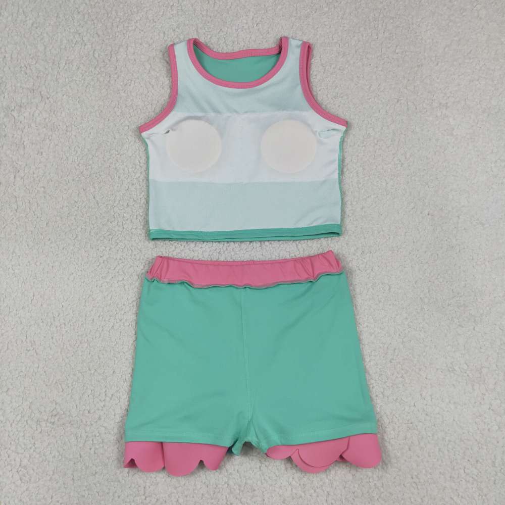GSD4012 RTS Pink Cyan print active girl yoga scallop skirt dress