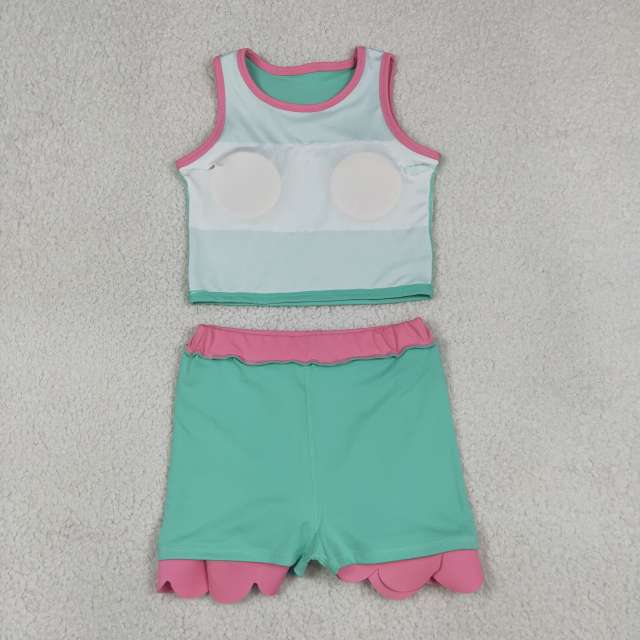 GSD4012 RTS Pink Cyan print active girl yoga scallop skirt dress