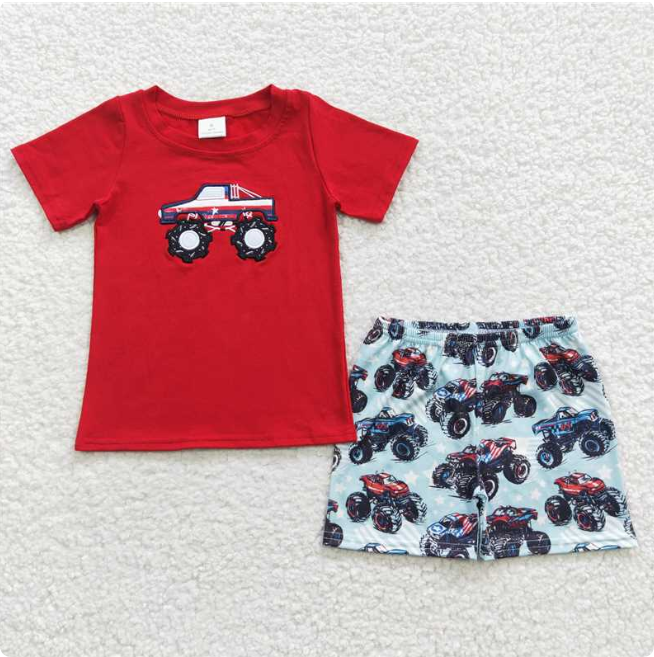 BSSO0185 Boy's Embroidered National Day Off-Road Vehicle Red Short-Sleeve and Shorts Set