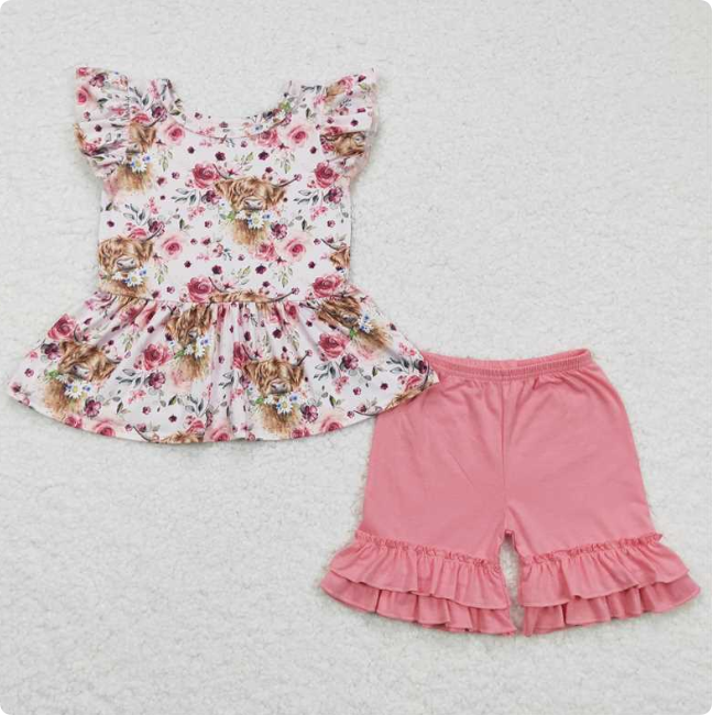 GSSO0133 Girl's Alpine Flower Pink Flutter Sleeve Shorts Set