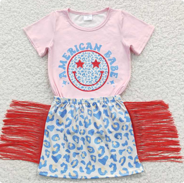 GSD0339 BABE smiley face pink short-sleeved shirt and blue leopard print fringed skirt set