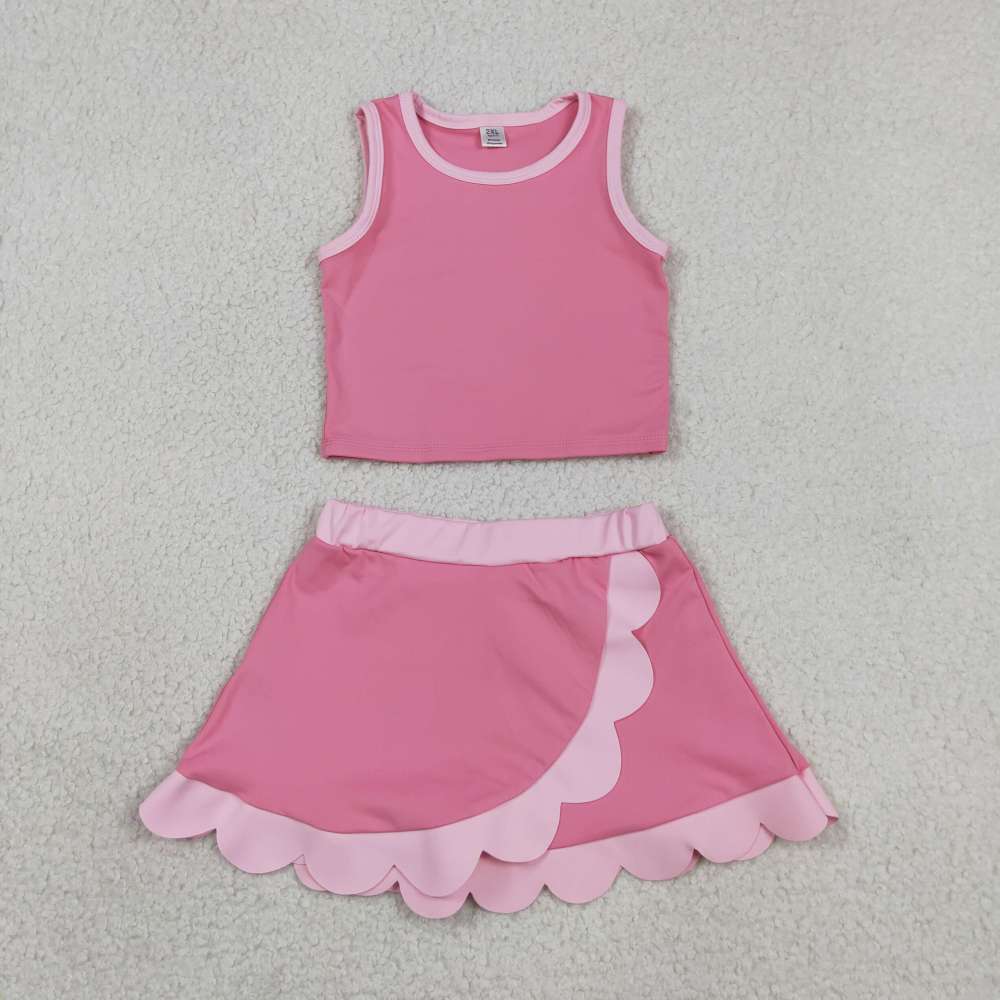 GSD40163 RTS Pink solid print active girl yoga scallop skirt dress