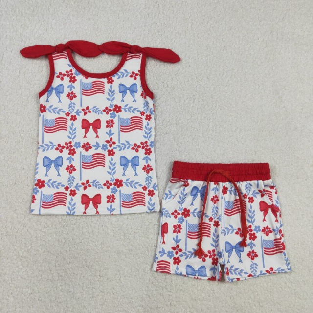 GSSO3094 4th of july print sleeveless girl summer bows outfits