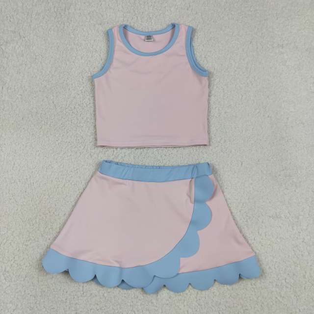 GSD4010  RTS Pink Blue print active girl yoga scallop skirt dress