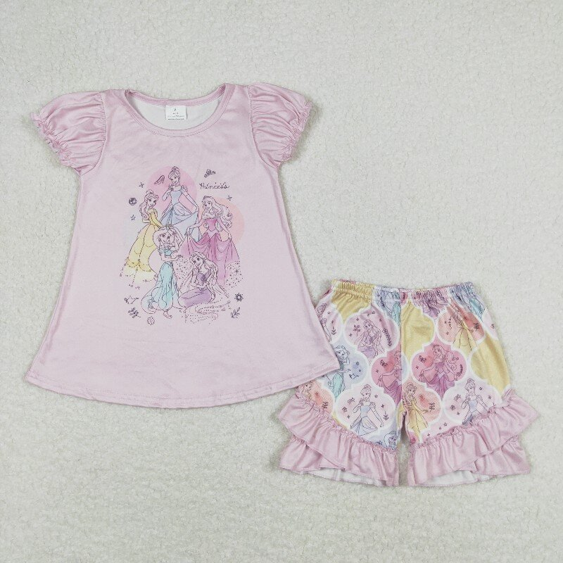 GSSO0821 Pink purple Princess print short sleeve girl outfits