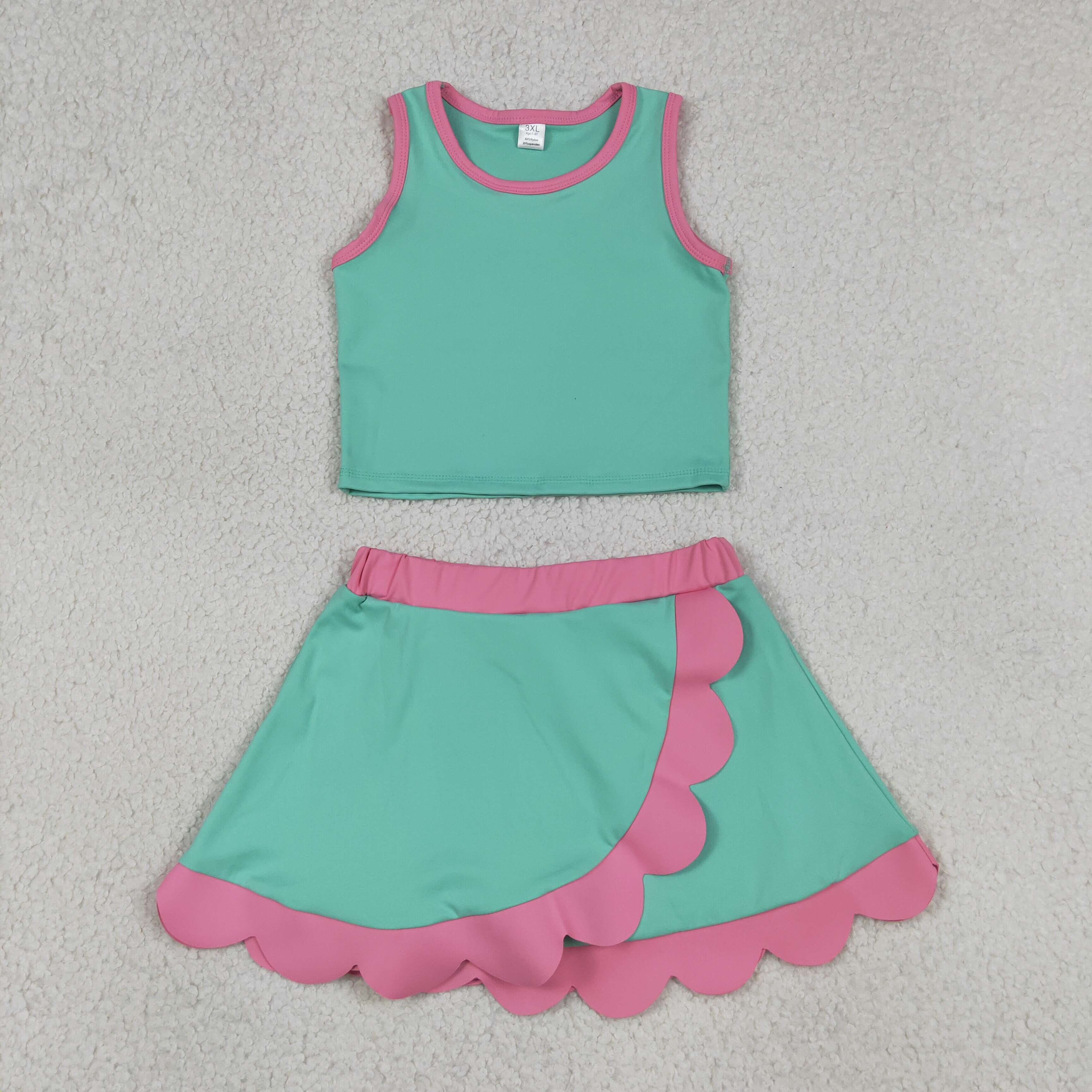 GSD4012 RTS Pink Cyan print active girl yoga scallop skirt dress