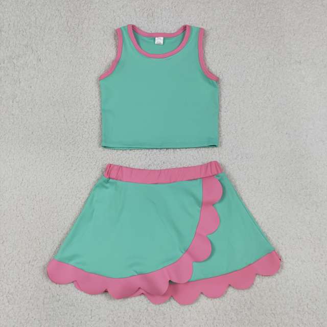 GSD4012 RTS Pink Cyan print active girl yoga scallop skirt dress