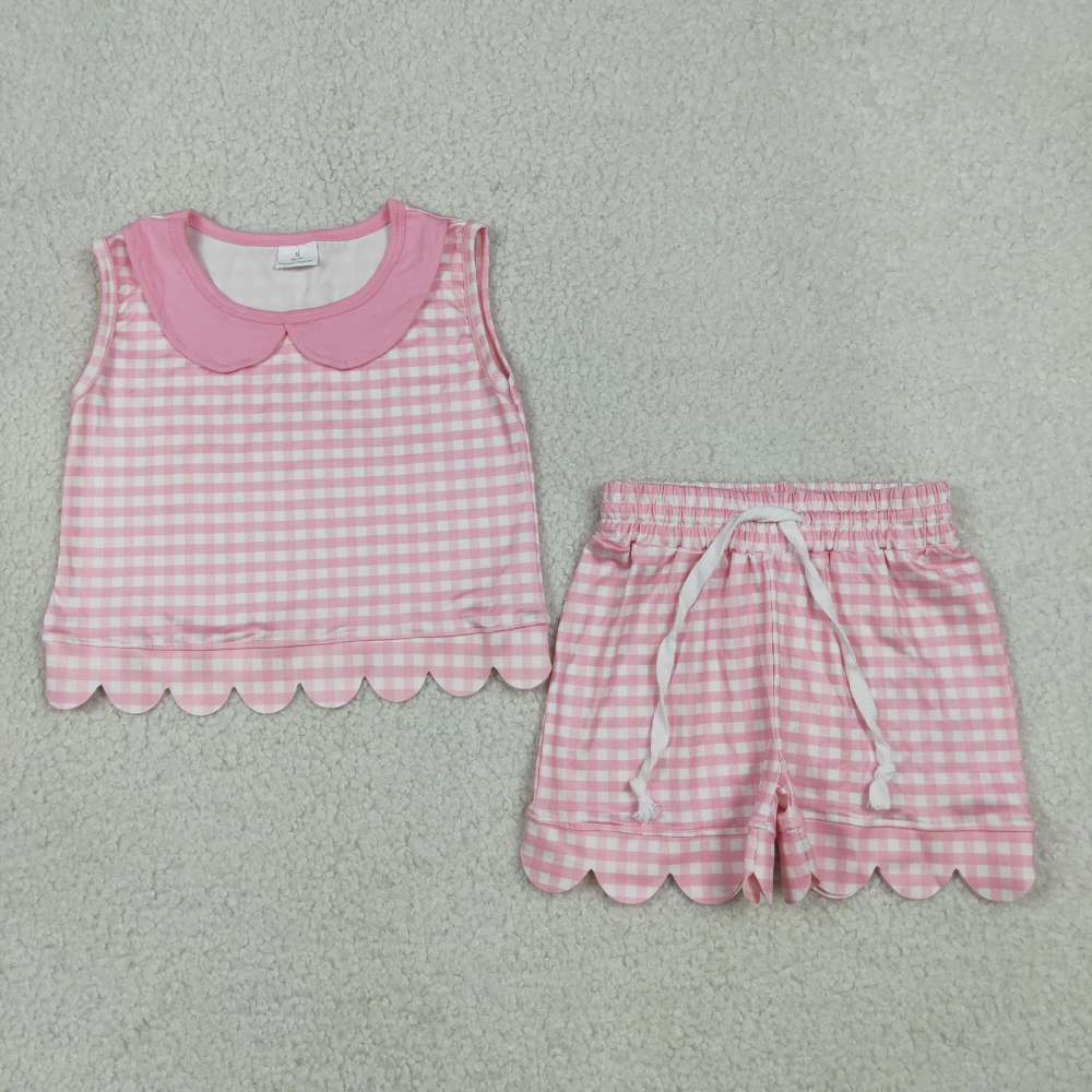 GSSO3394  Pink Plaid  Print sleeveless girl  scallop outfits