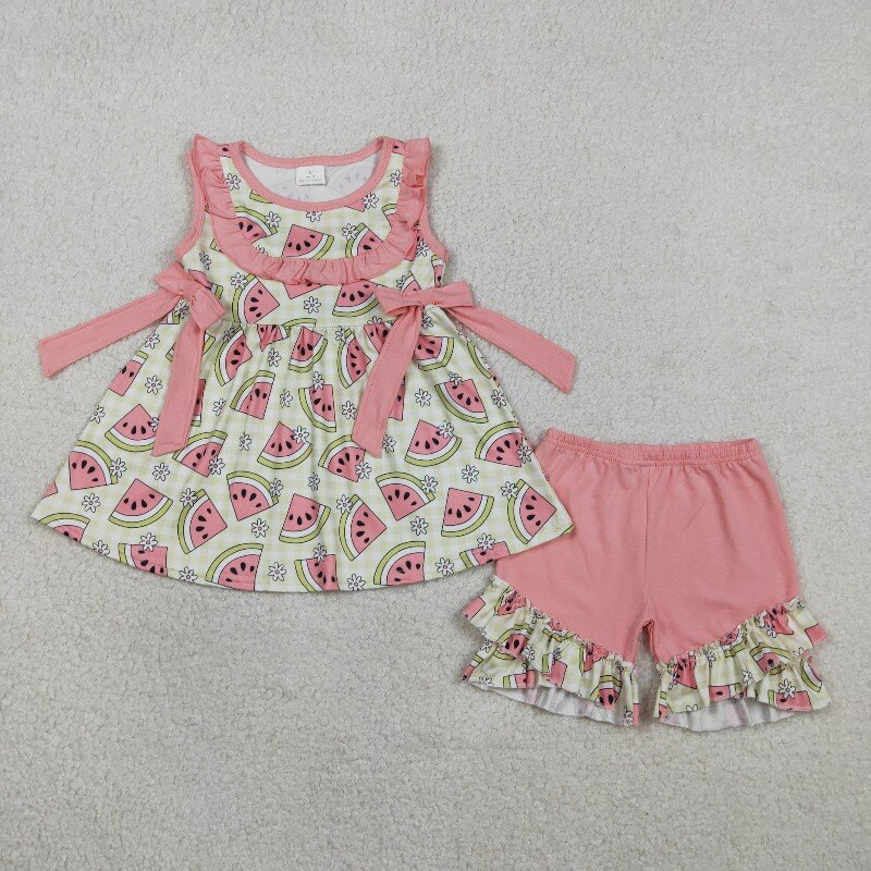 GSSO3118 watermelon  print sleeveless girl summer bows outfits