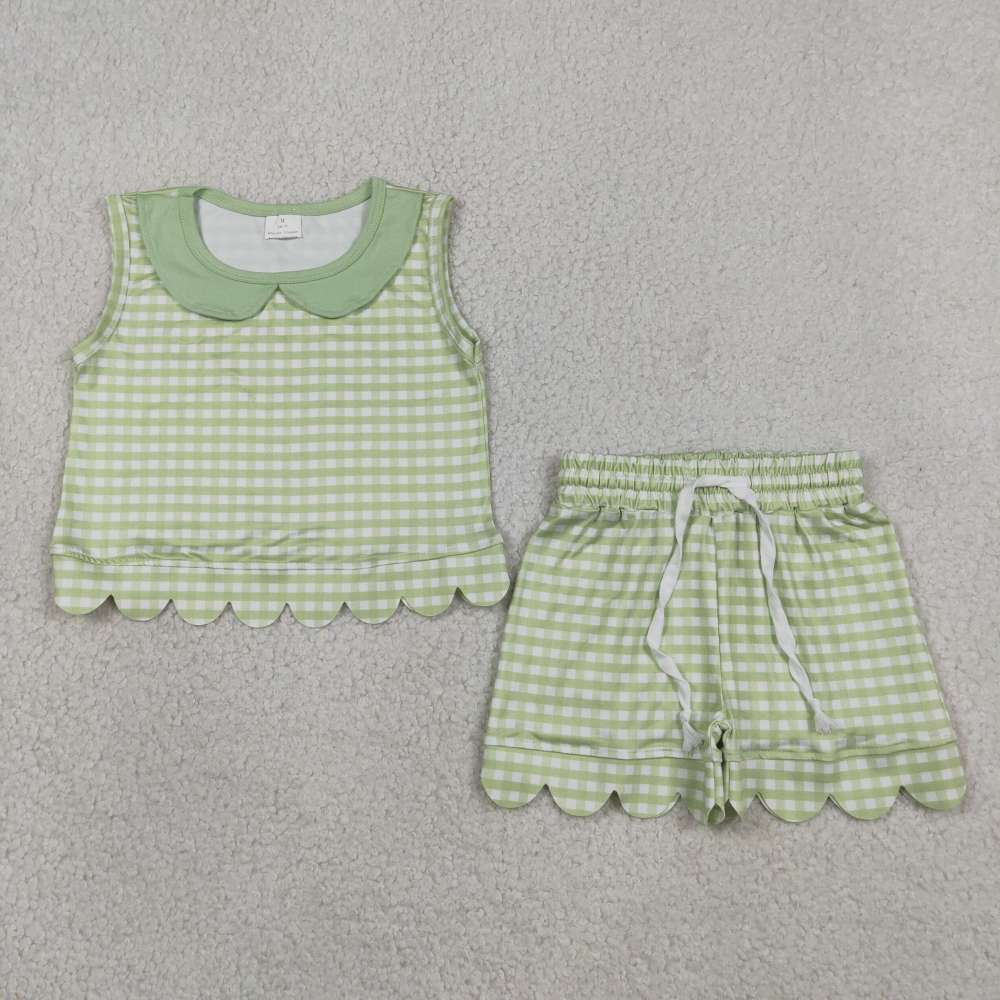 GSSO3398  green Plaid  Print sleeveless girl  scallop outfits