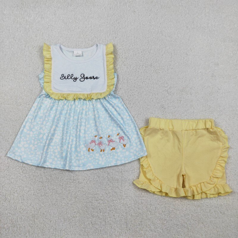 GSSO2796 blue leopard silly goose embroidery sleeveless girl summer  outfits