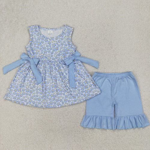 GSSO2204 small blue flowers print sleeveless girl summer outfits