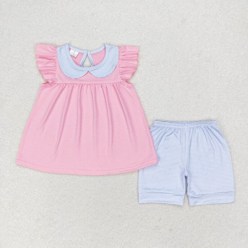GSSO1064 pink solid blue stripe  print sleeveless girl summer outfits