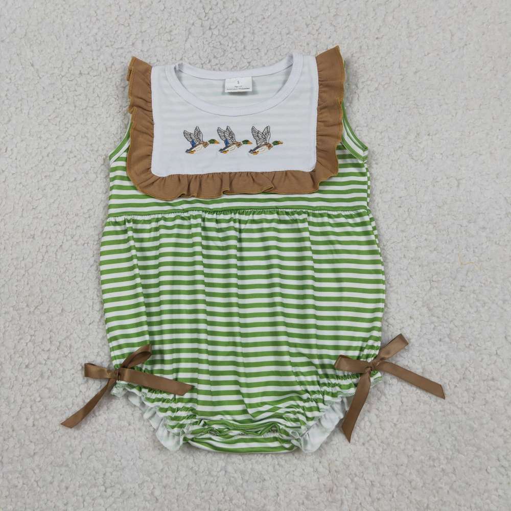 SR4084 Baby green stripe duck Embroidery sleeveless Rompers