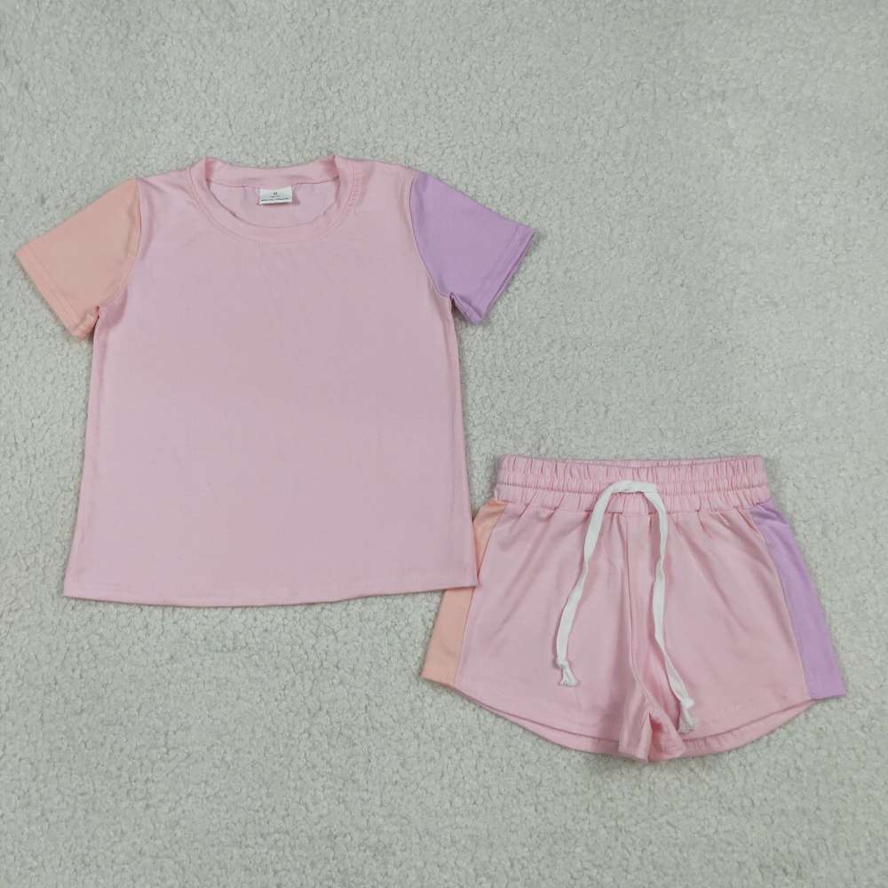 GSSO3638  Pink orange purple patchwork print short sleeve girl outfits
