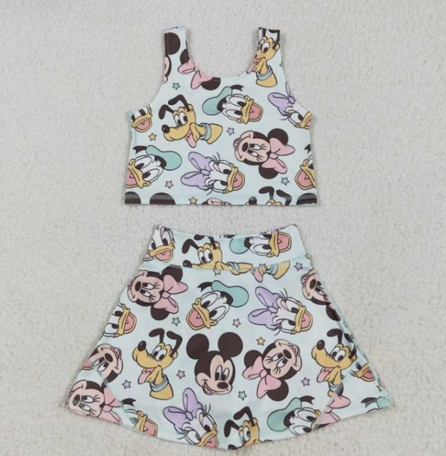 GSD2353 RTS Blue cartoon mouse print active girl yoga skirt dress