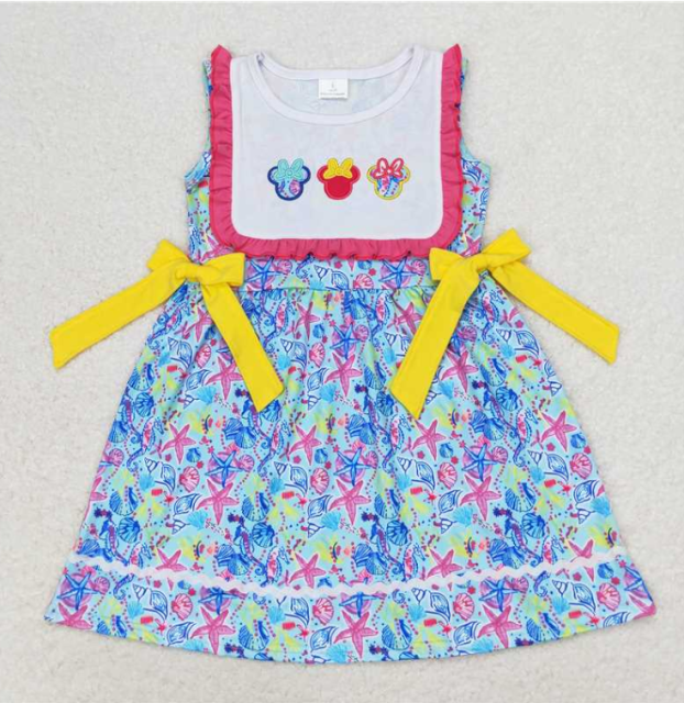 GSD0924 RTS Cartoon mouse embroidery blue sea stars girl  summer dress
