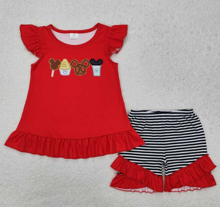 GSSO1616  RTS red cartoon mouse embroidery active girl summer outfits