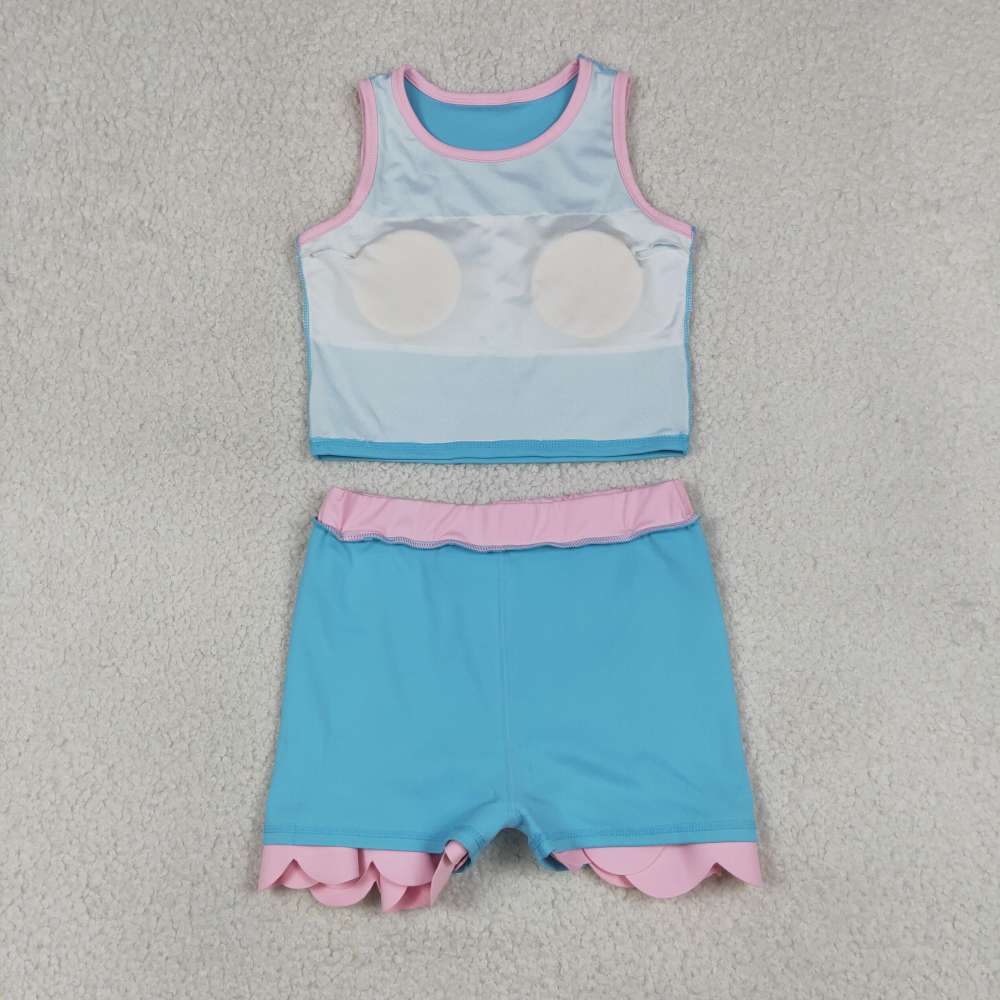 GSD4013 RTS Pink Blue print active girl yoga scallop skirt dress