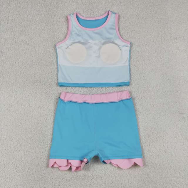 GSD4013 RTS Pink Blue print active girl yoga scallop skirt dress