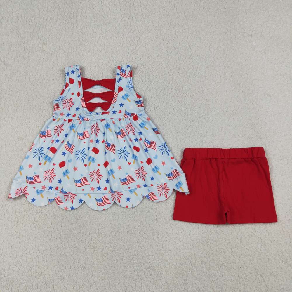 GSSO3386 Red blue Bows flag Firework print sleeveless girl scallop outfits