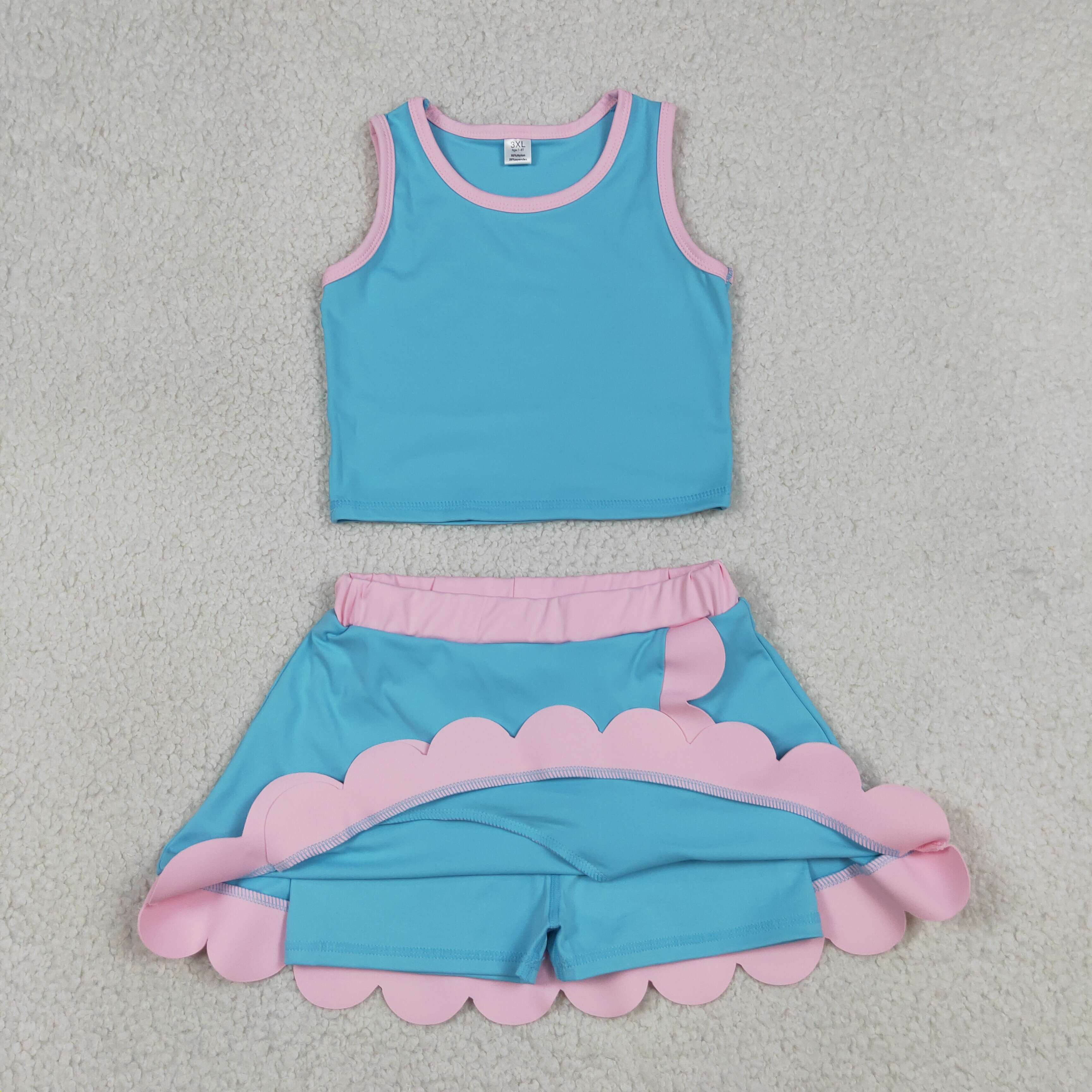 GSD4013 RTS Pink Blue print active girl yoga scallop skirt dress