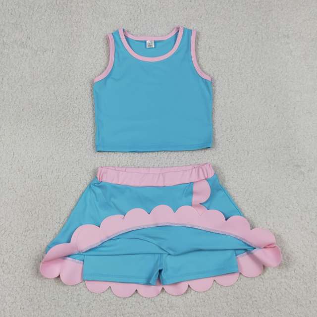 GSD4013 RTS Pink Blue print active girl yoga scallop skirt dress
