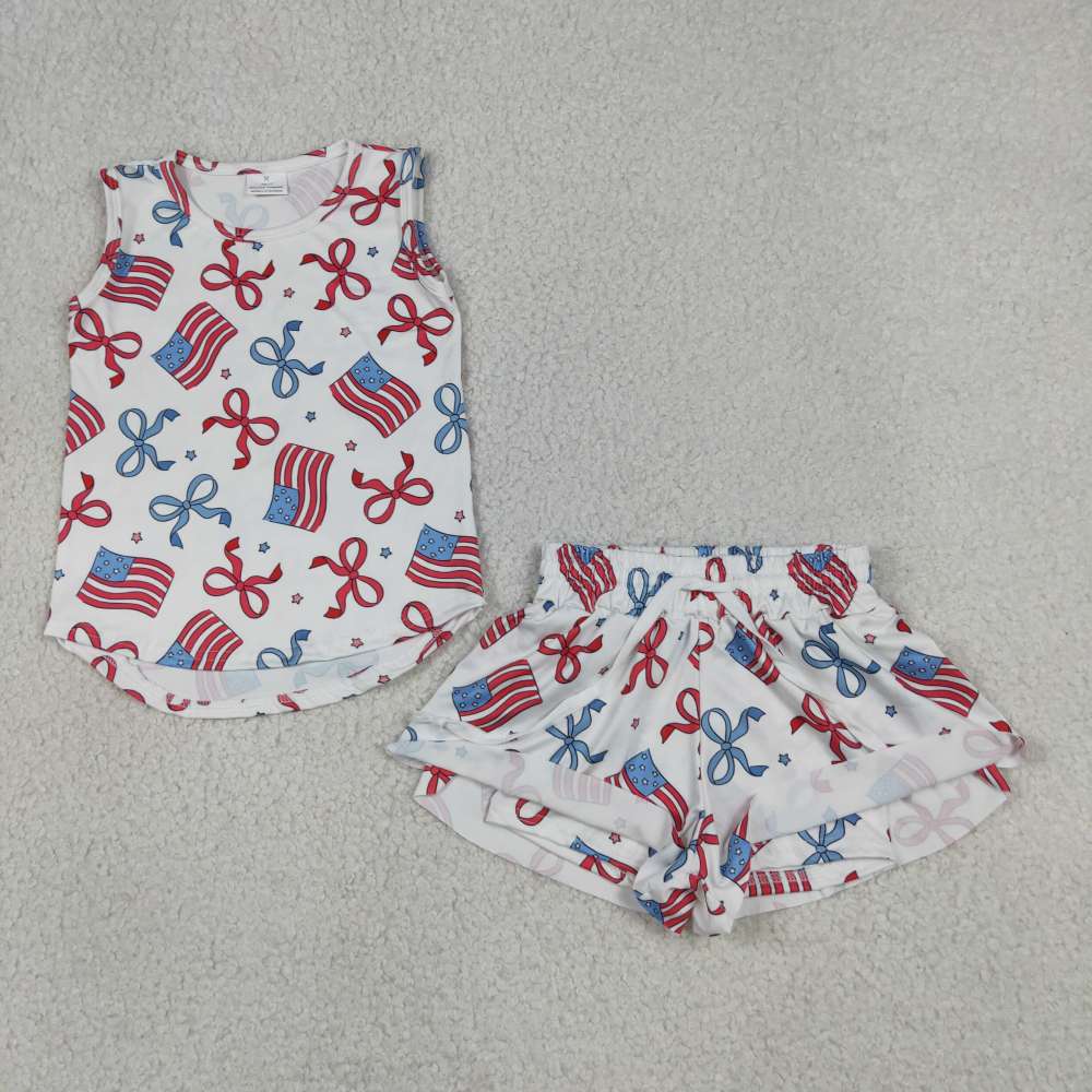 GSSO3520 Red blue Bows flag print sleeveless girl outfits