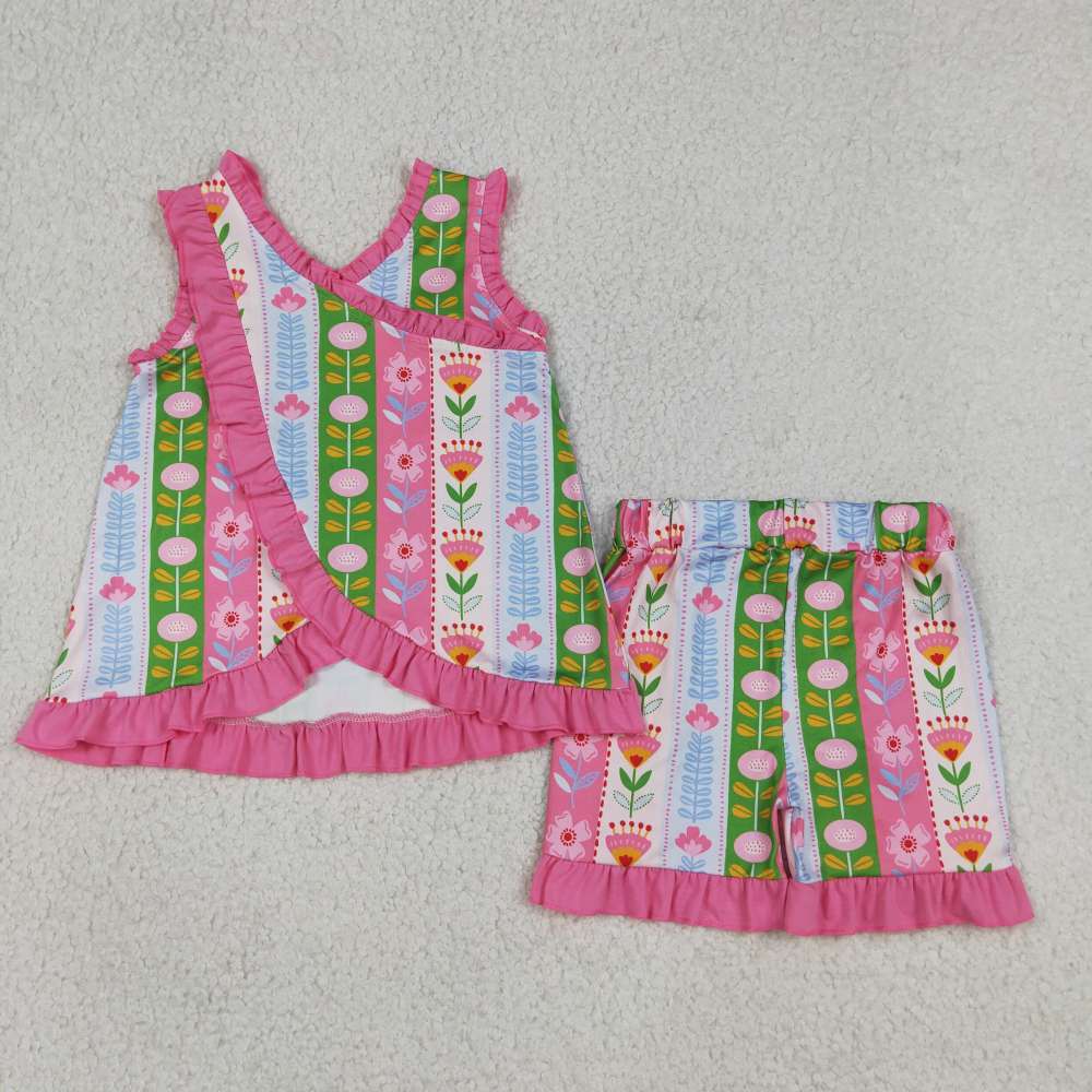 GSSO3676 Pink green flowers print sleeveless girl outfits