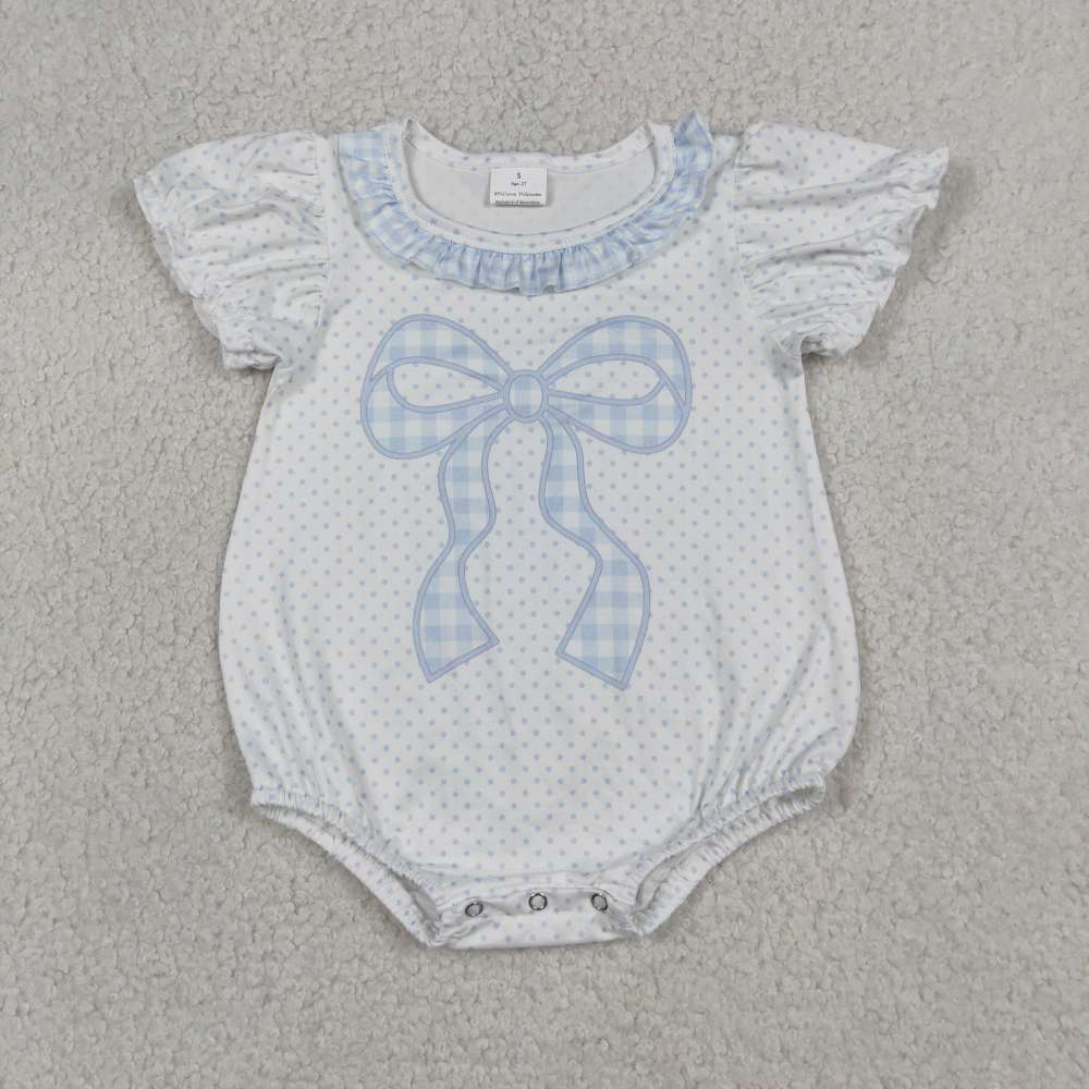 SR4089 Baby Blue polka bows Embroidery ruffle sleeve Rompers