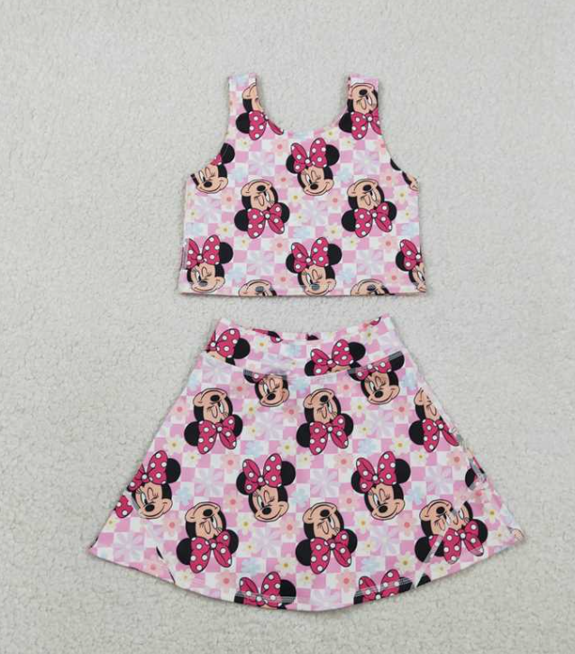 GSD2460  RTS Pink plaid bows cartoon mouse print active girl yoga skirt dress
