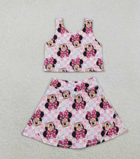 GSD2460  RTS Pink plaid bows cartoon mouse print active girl yoga skirt dress