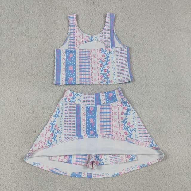 GSD1995 RTS pink Blue stripe flowers print active girl yoga  skirt dress