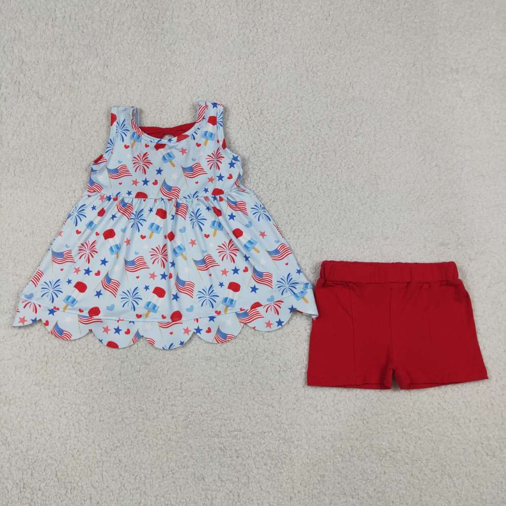 GSSO3386 Red blue Bows flag Firework print sleeveless girl scallop outfits