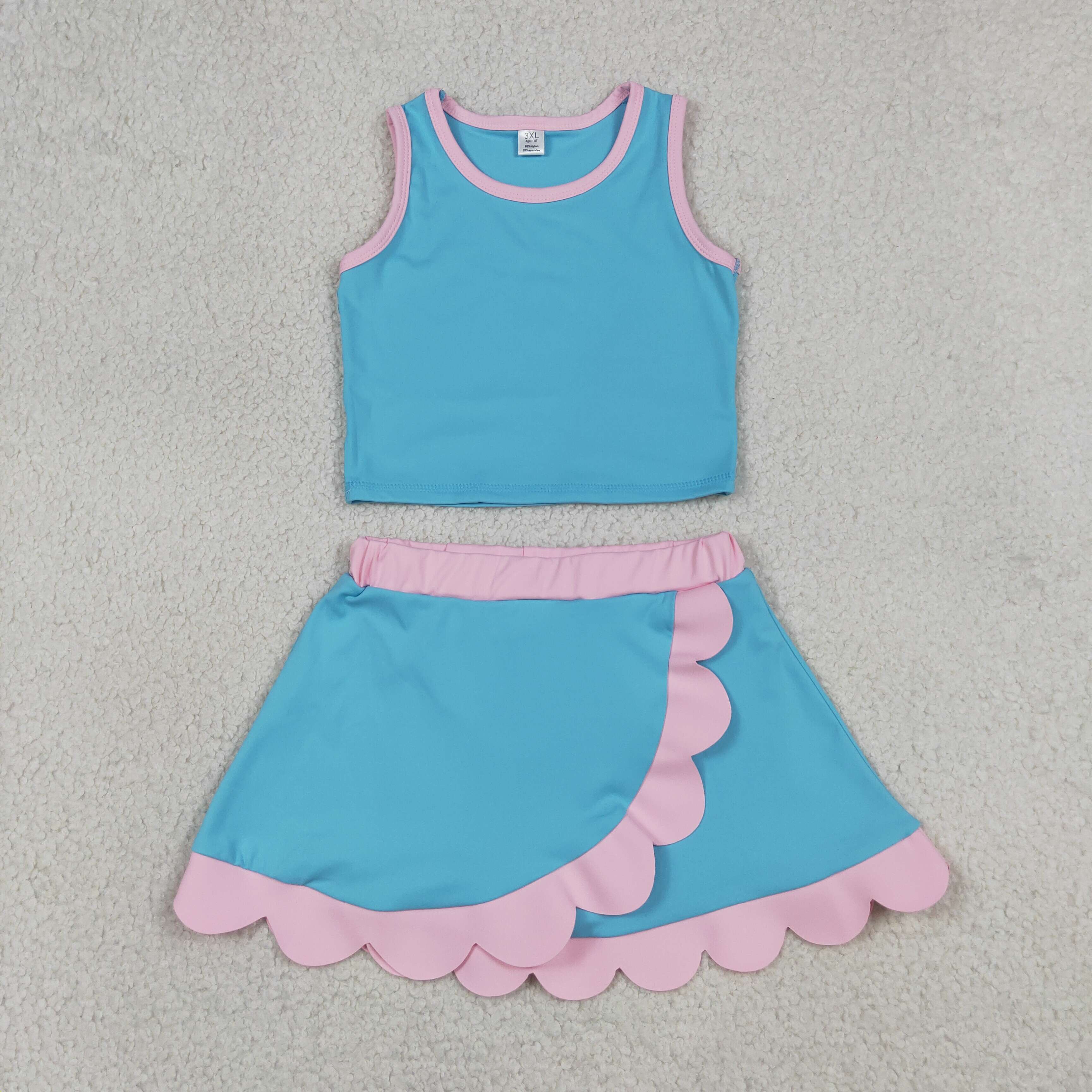 GSD4013 RTS Pink Blue print active girl yoga scallop skirt dress