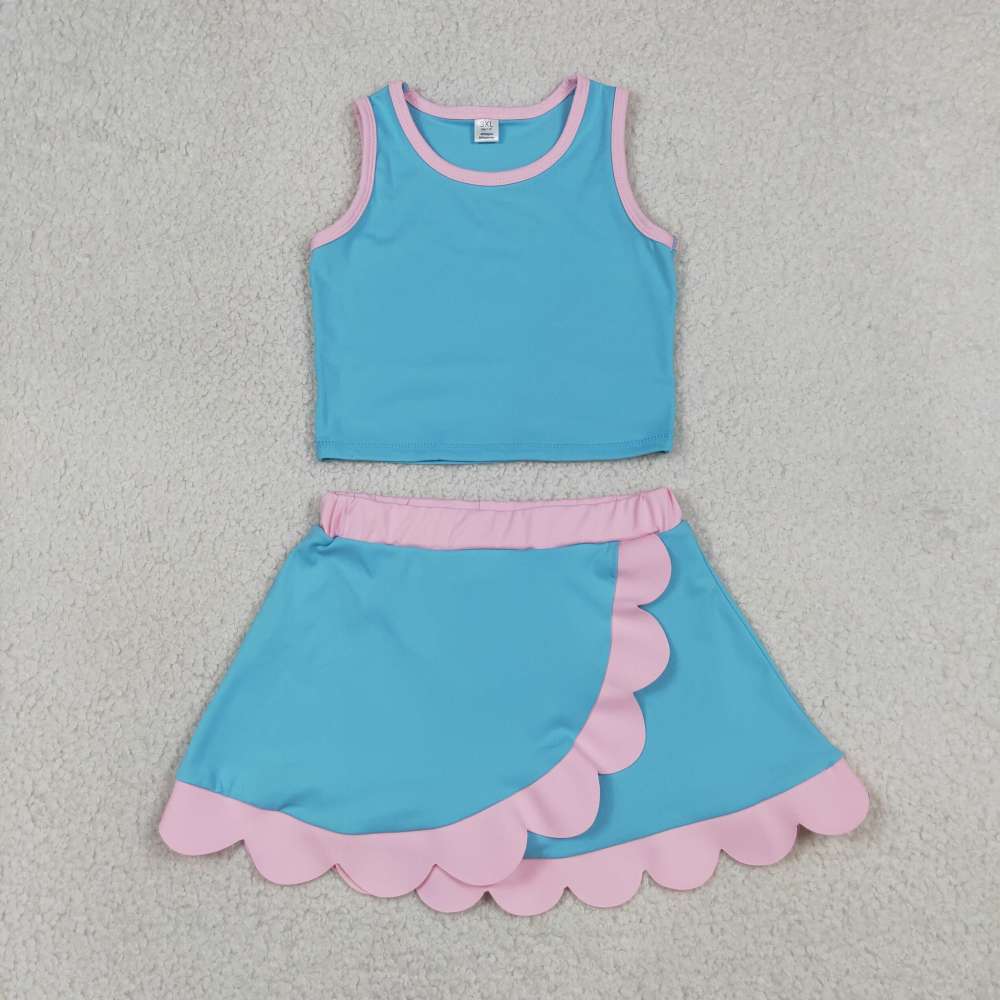 GSD4013 RTS Pink Blue print active girl yoga scallop skirt dress
