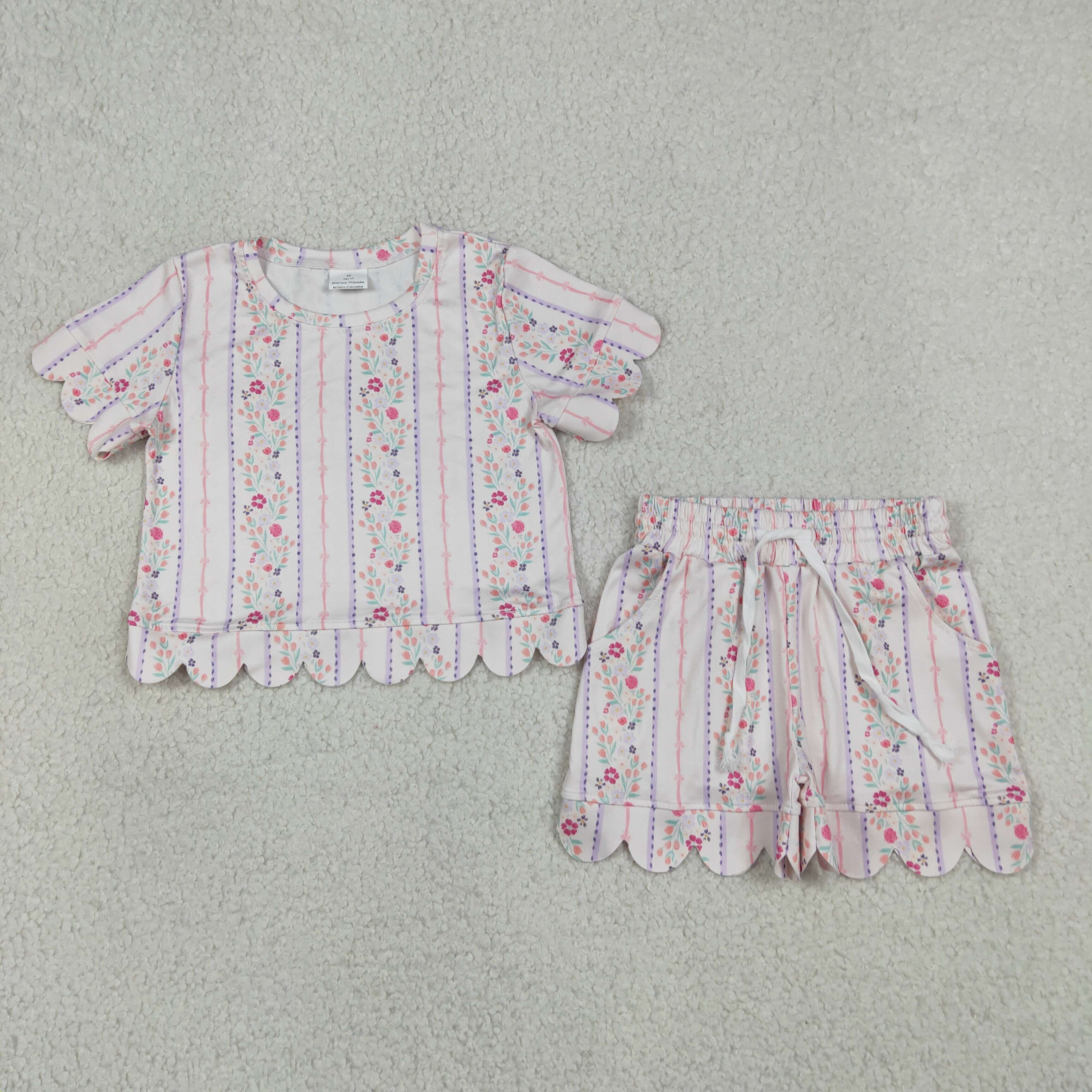 GSSO3411 Pink purple stripe flowers Print Short sleeve girl  SCALLOP  outfits