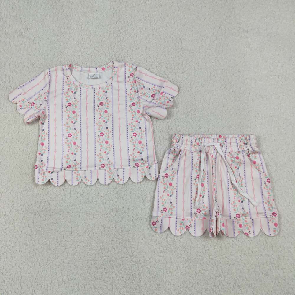 GSSO3411 Pink purple stripe flowers Print Short sleeve girl  SCALLOP  outfits