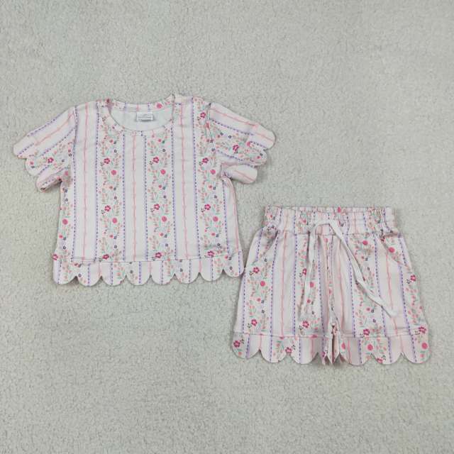GSSO3411 Pink purple stripe flowers Print Short sleeve girl  SCALLOP  outfits