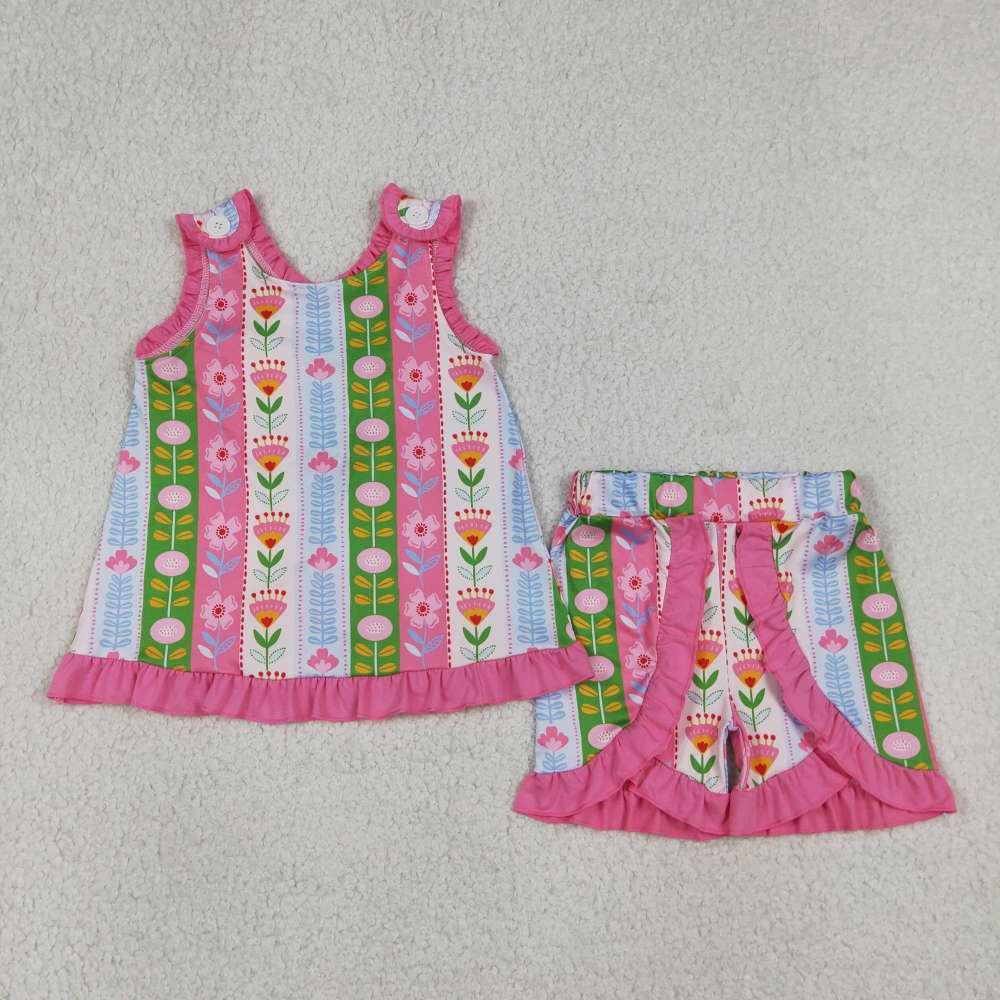 GSSO3676 Pink green flowers print sleeveless girl outfits