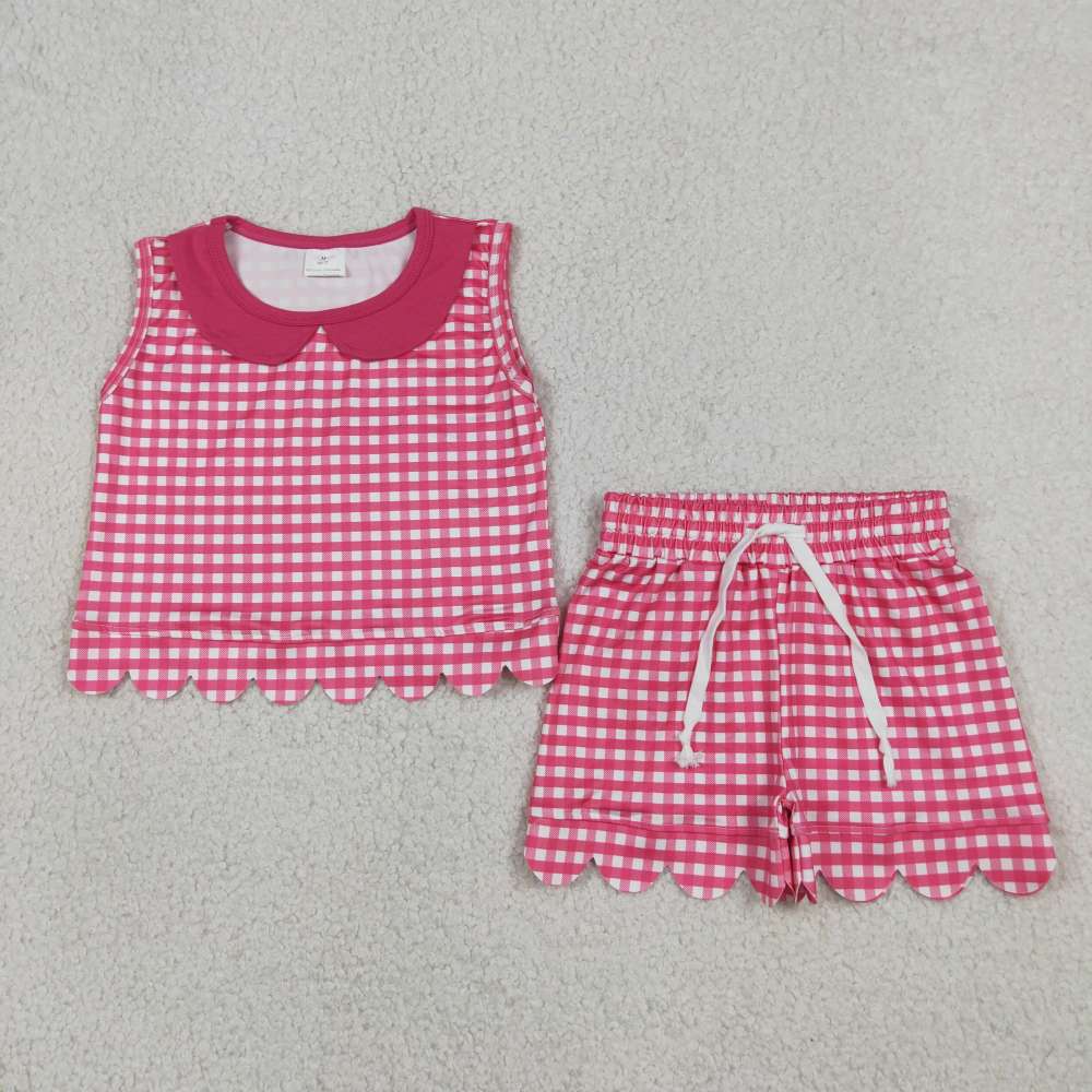 GSSO3395  Red Plaid  Print sleeveless girl  scallop outfits