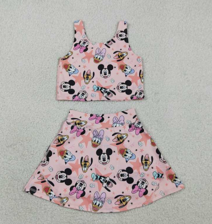 GSD2332 RTS Pink bows cartoon mouse print active girl yoga skirt dress