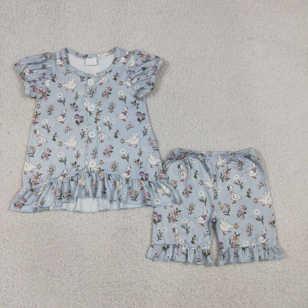 GSSO3433  flowers goose print short sleeve girl outfits