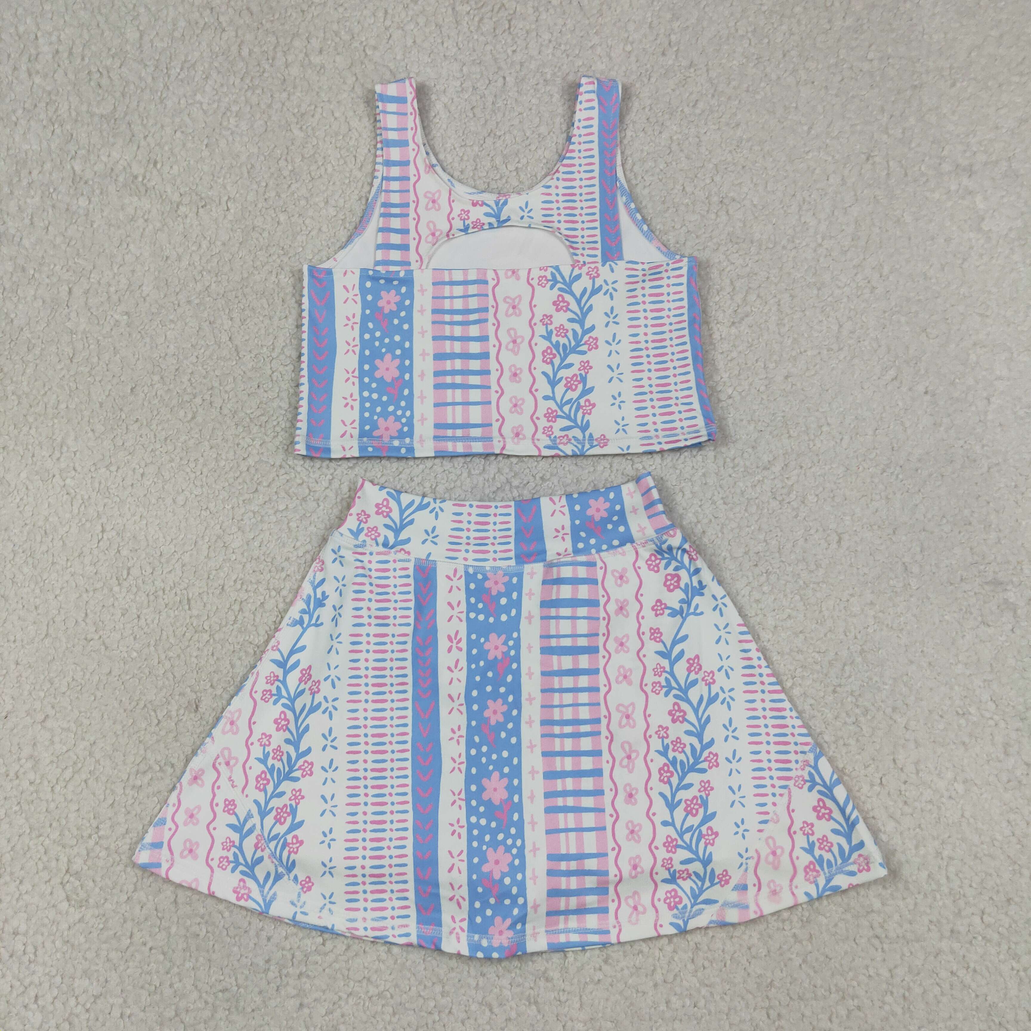 GSD1995 RTS pink Blue stripe flowers print active girl yoga  skirt dress