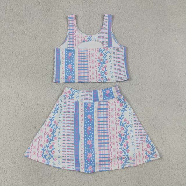 GSD1995 RTS pink Blue stripe flowers print active girl yoga  skirt dress