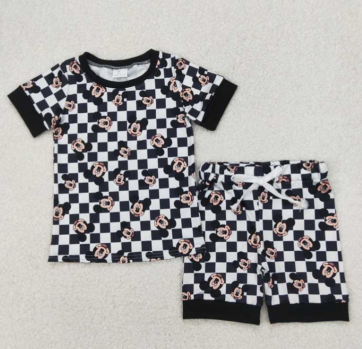 GSSO2233  RTS black white plaid cartoon mouse print outfits
