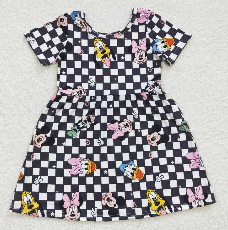 GSD0235 RTS Cartoon mouse Black white plaid girl  summer dress