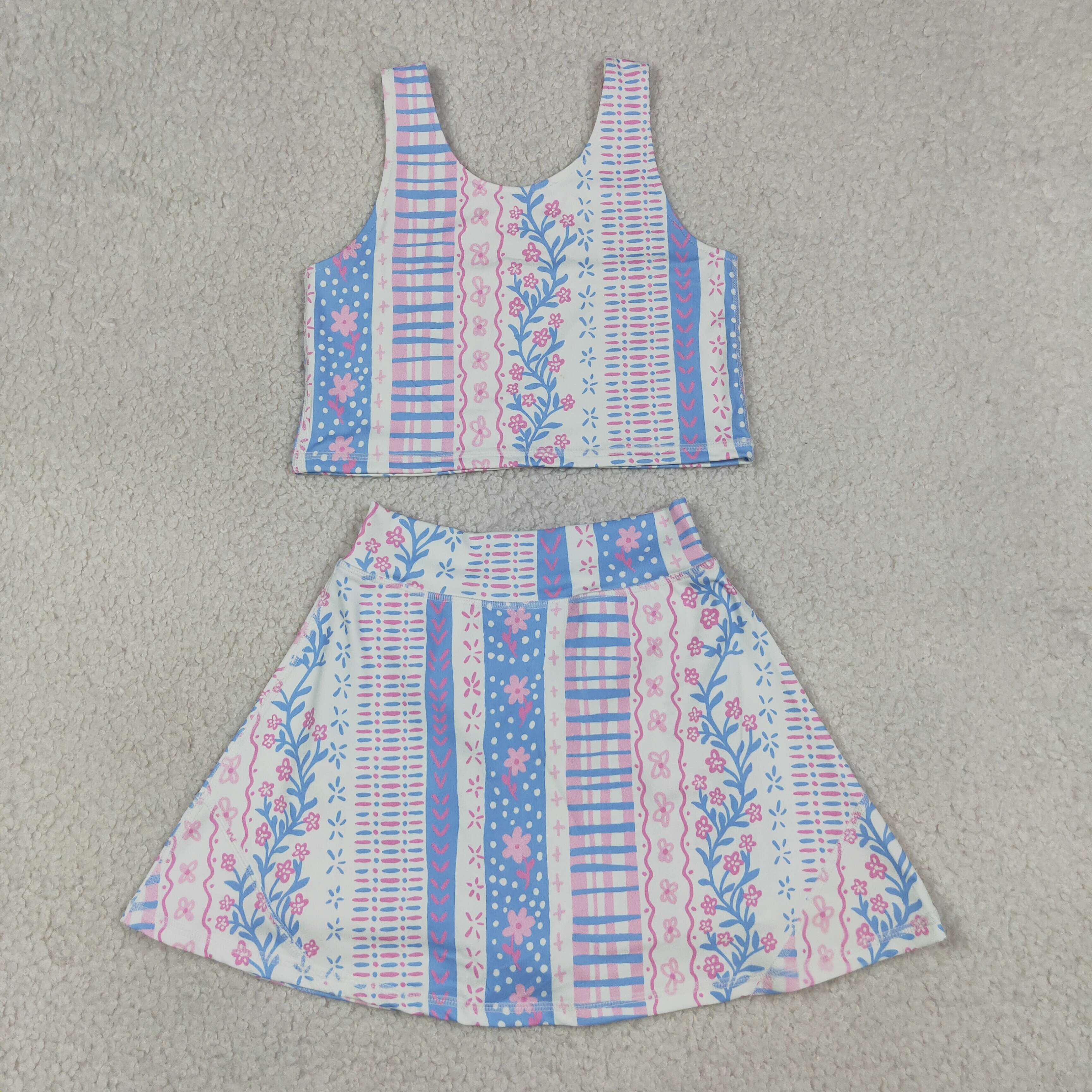 GSD1995 RTS pink Blue stripe flowers print active girl yoga  skirt dress